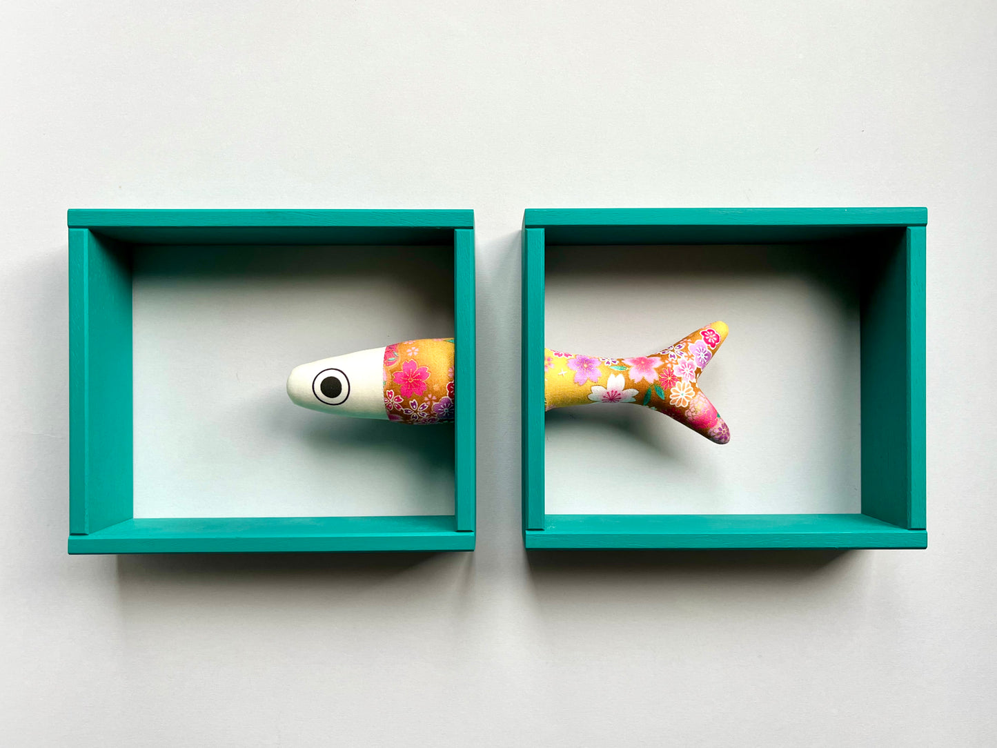 FLOW BOX - coppia di cornici di legno turchese con pesce spezzato